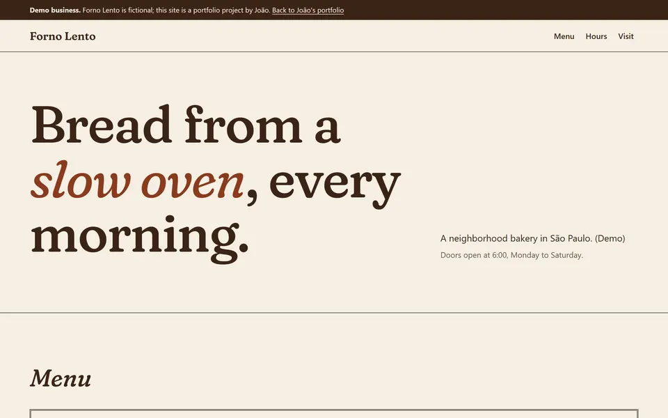 Forno Lento demo site on a desktop screen: the demo business banner, the bakery name, navigation and the headline Bread from a slow oven, every morning.