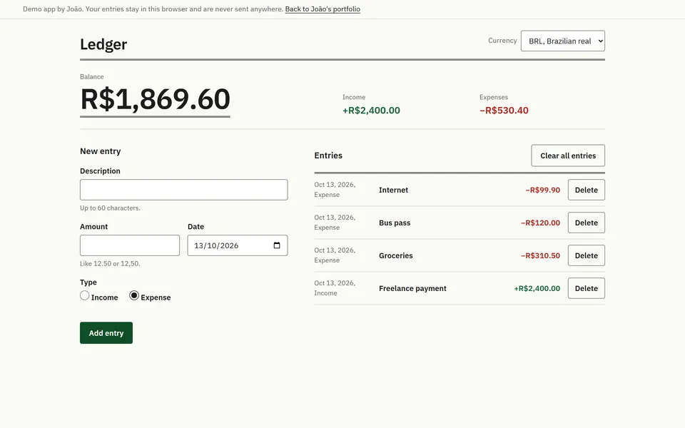 Ledger demo on a desktop screen: the balance with income and expense totals, the new entry form, and a list of four sample entries.