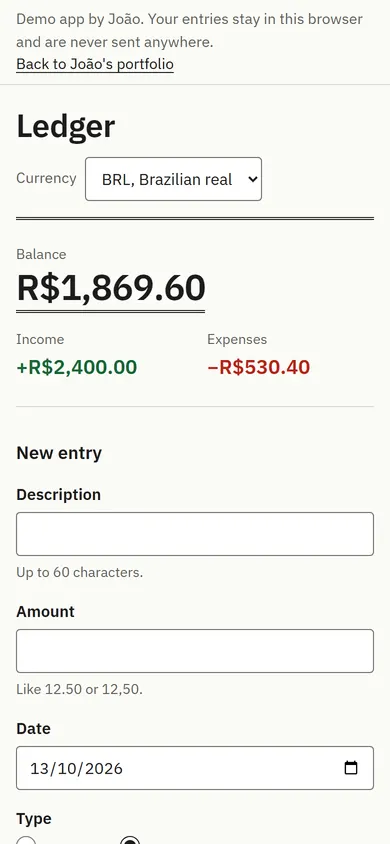 The same Ledger demo on a phone screen: the balance, the totals and the start of the new entry form.